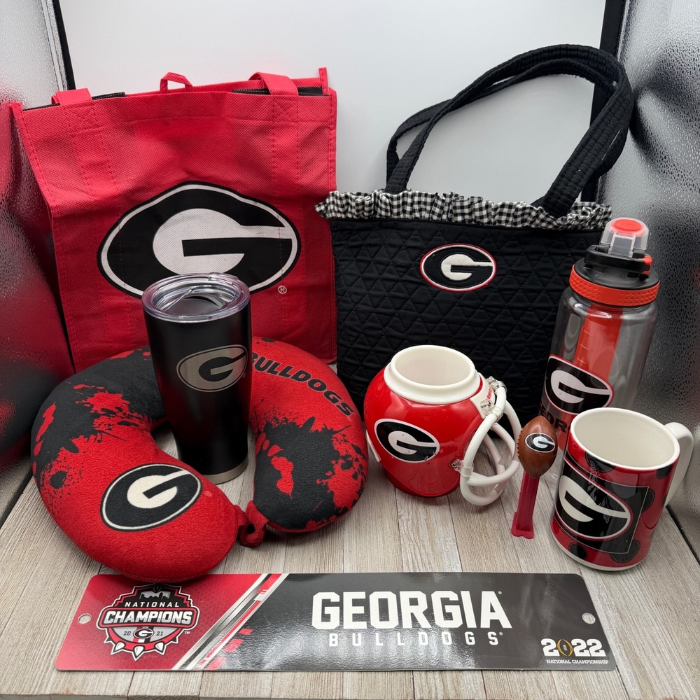 Georgia Bulldogs Fan Bundle Tote Bag Tumbler Mugs Neck Pillow 2021 Champs Sign
